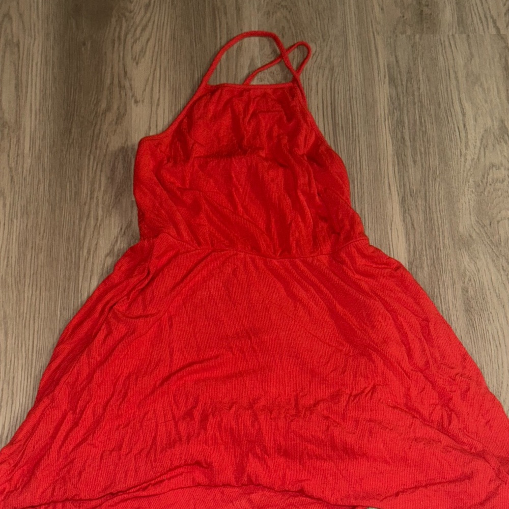 Daytrip Red Halter Dress XS Criss Cross Back Pockets Flowy Boho Mini Sundress